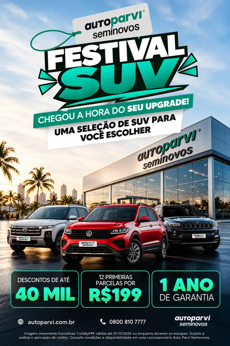 Festival SUV Auto Parvi Seminovos: descontos de até R$ 40 mil, 12 primeiras parcelas por R$ 199 e 1 ano de garantia