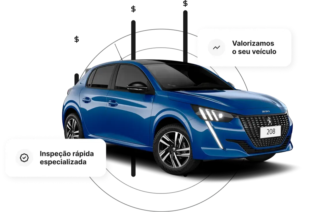 Hatch azul com os destaques: valorizamos o seu veículo e inspeção rápida especializada