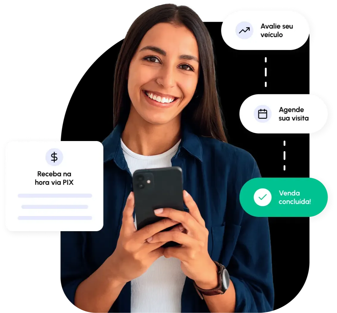 Mulher sorrindo com o celular na mão, com os passos da venda: avalie seu veículo, agende sua visita, venda concluída e receba na hora via Pix