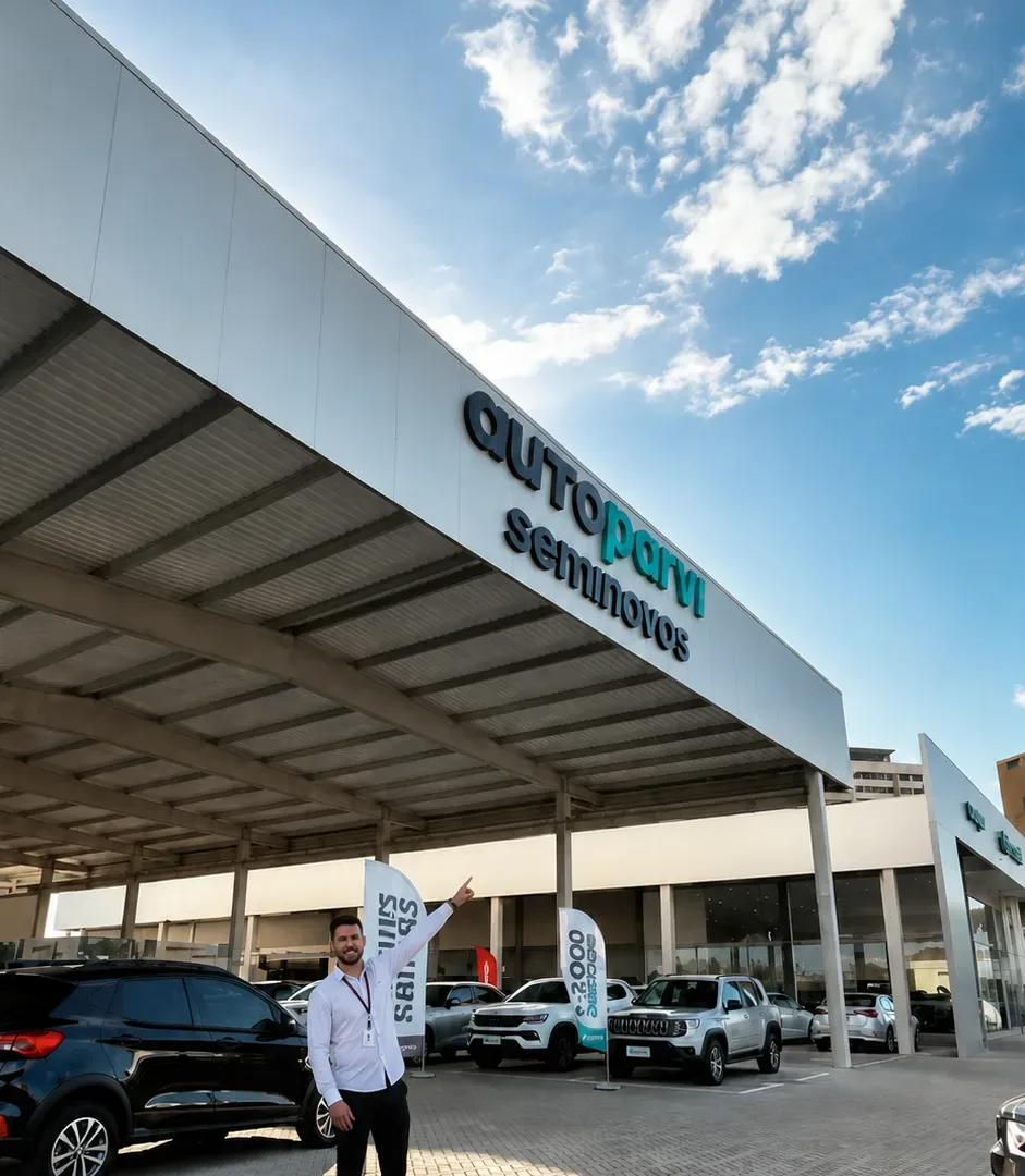 Consultor na frente de uma loja Auto Parvi Seminovos, com carros expostos no pátio